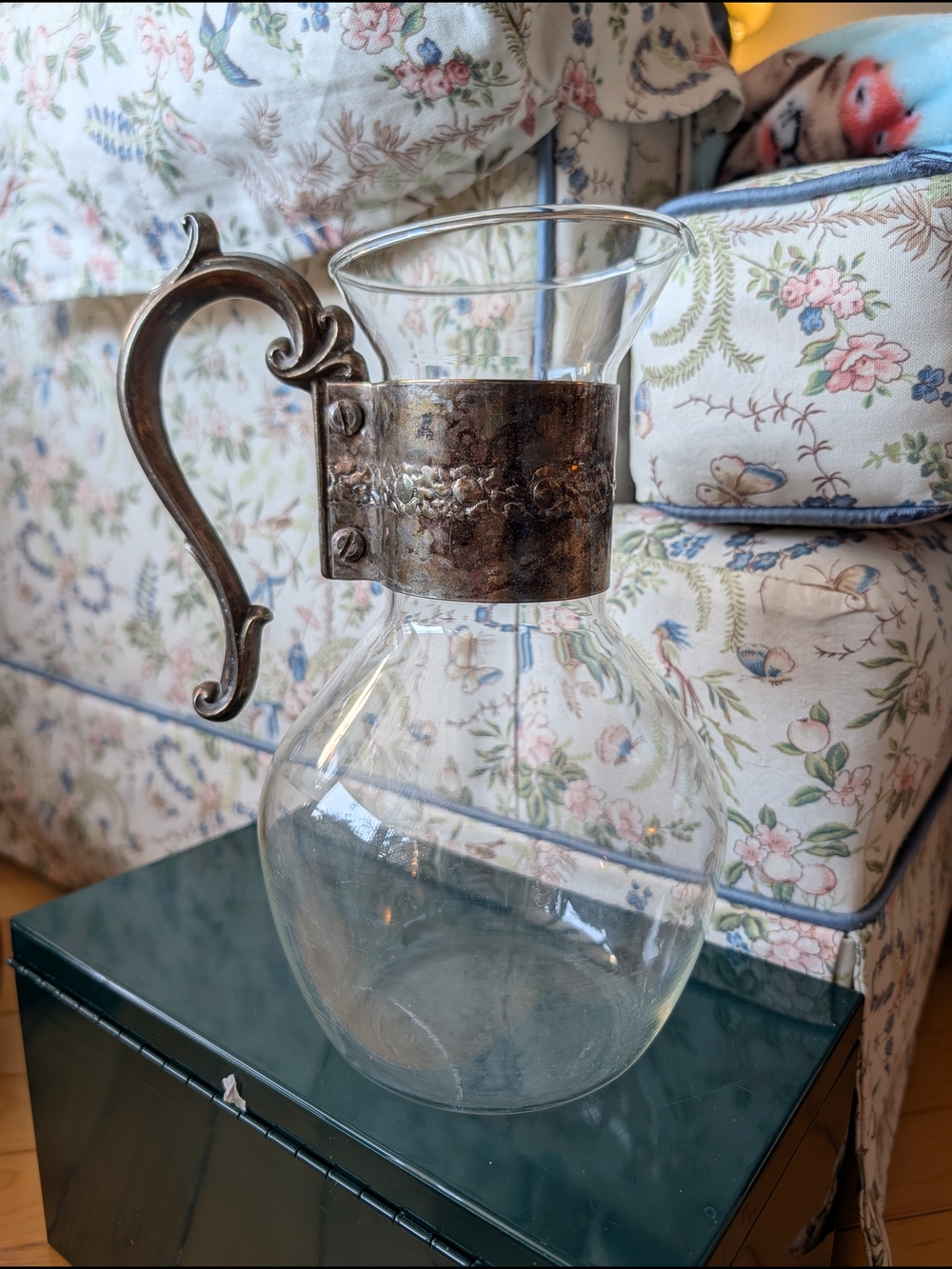 Vtg Corning Heat Proof Jug With Ornate Silver Handle